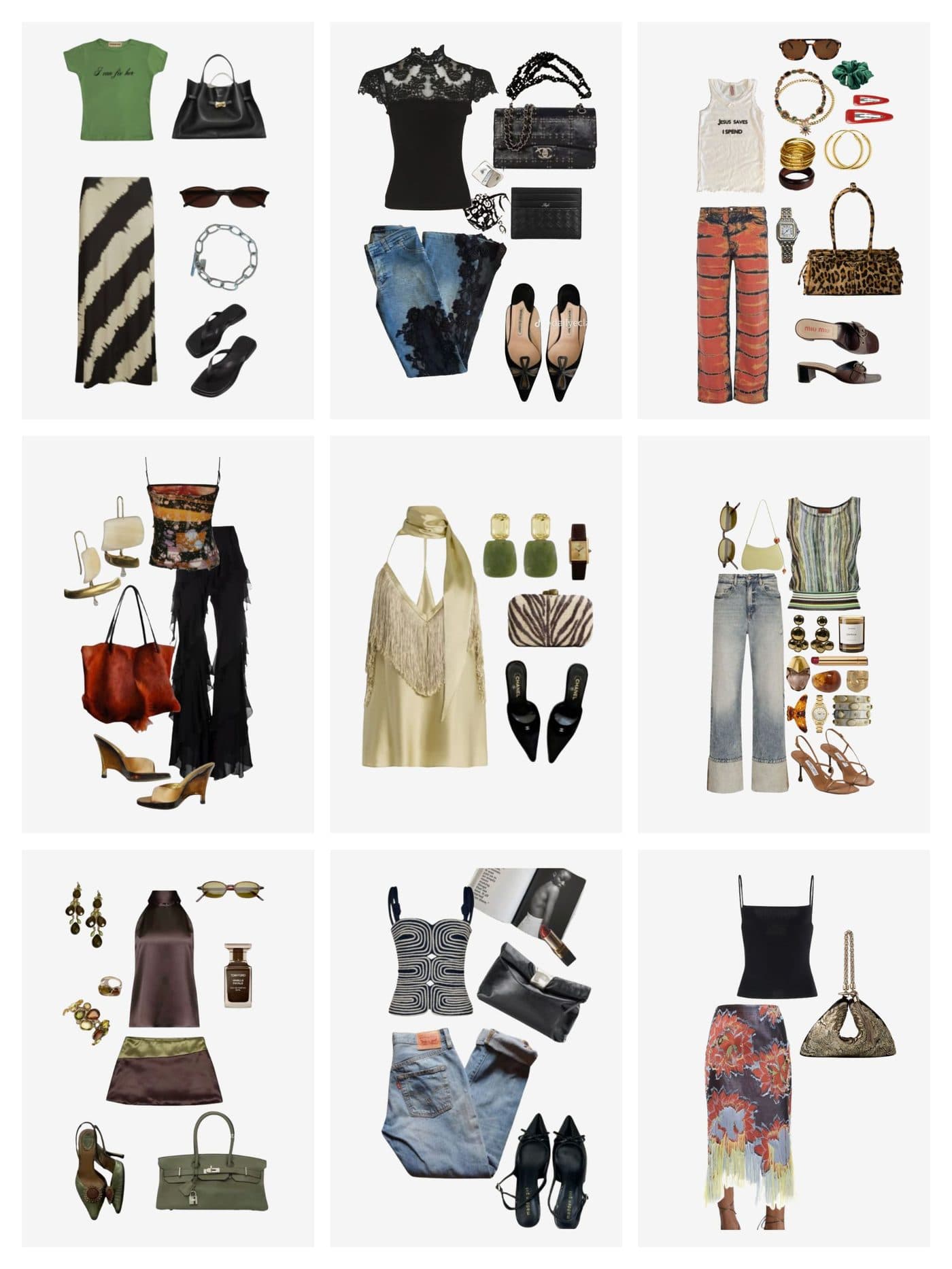 Grid of nine curated outfits from Madison's lookbook
