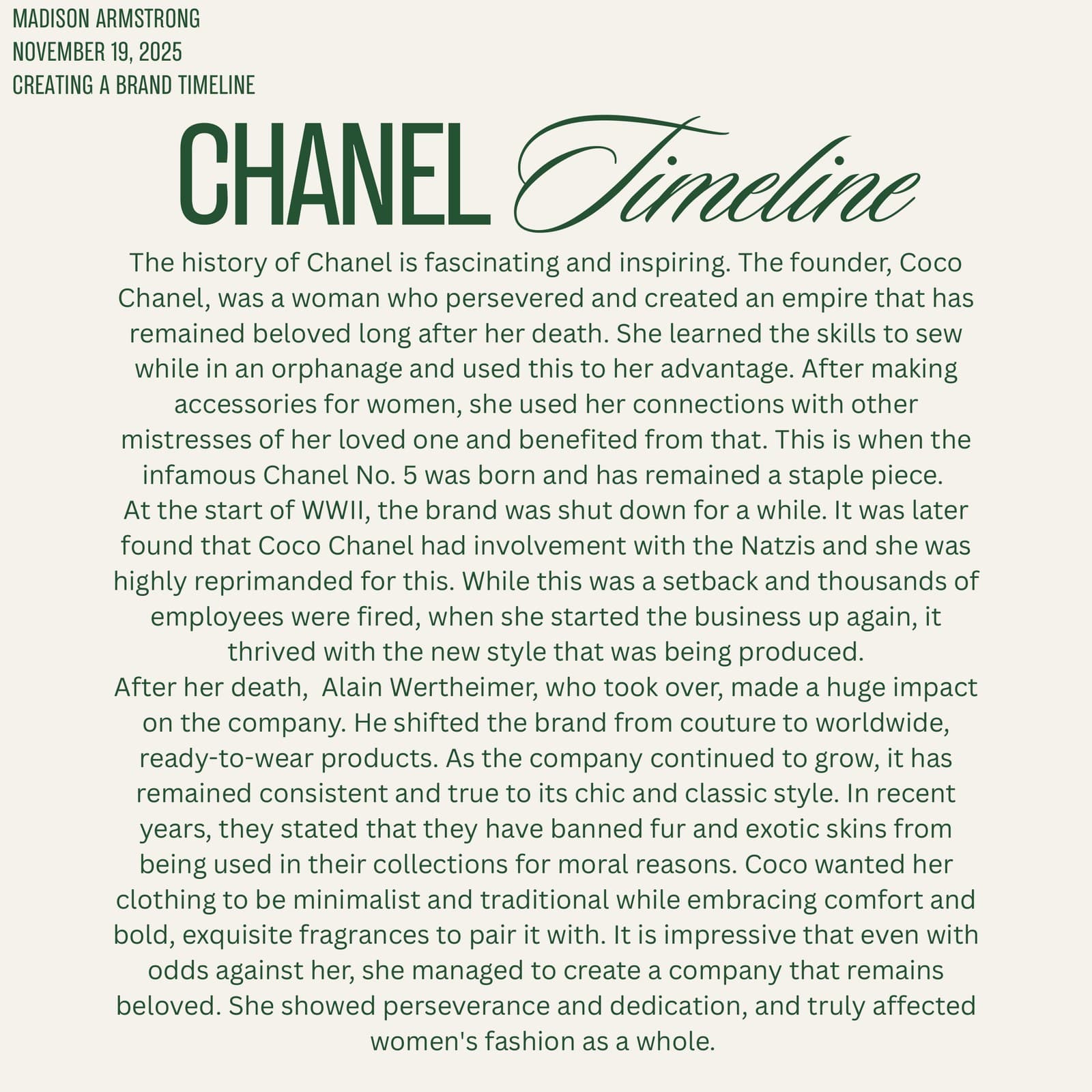 Chanel Timeline title page and brand history overview