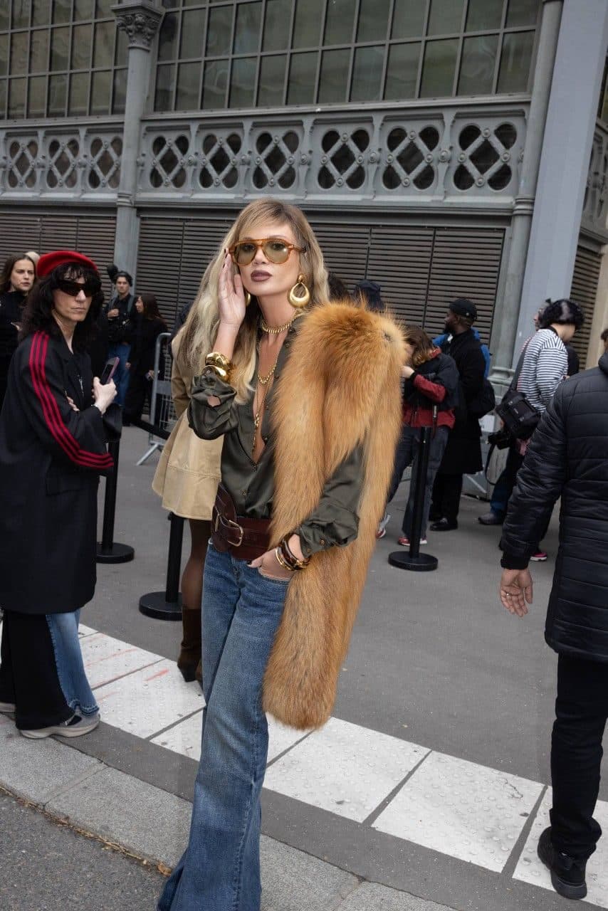 Street style look with a fur stole and flared denim, product line inspiration